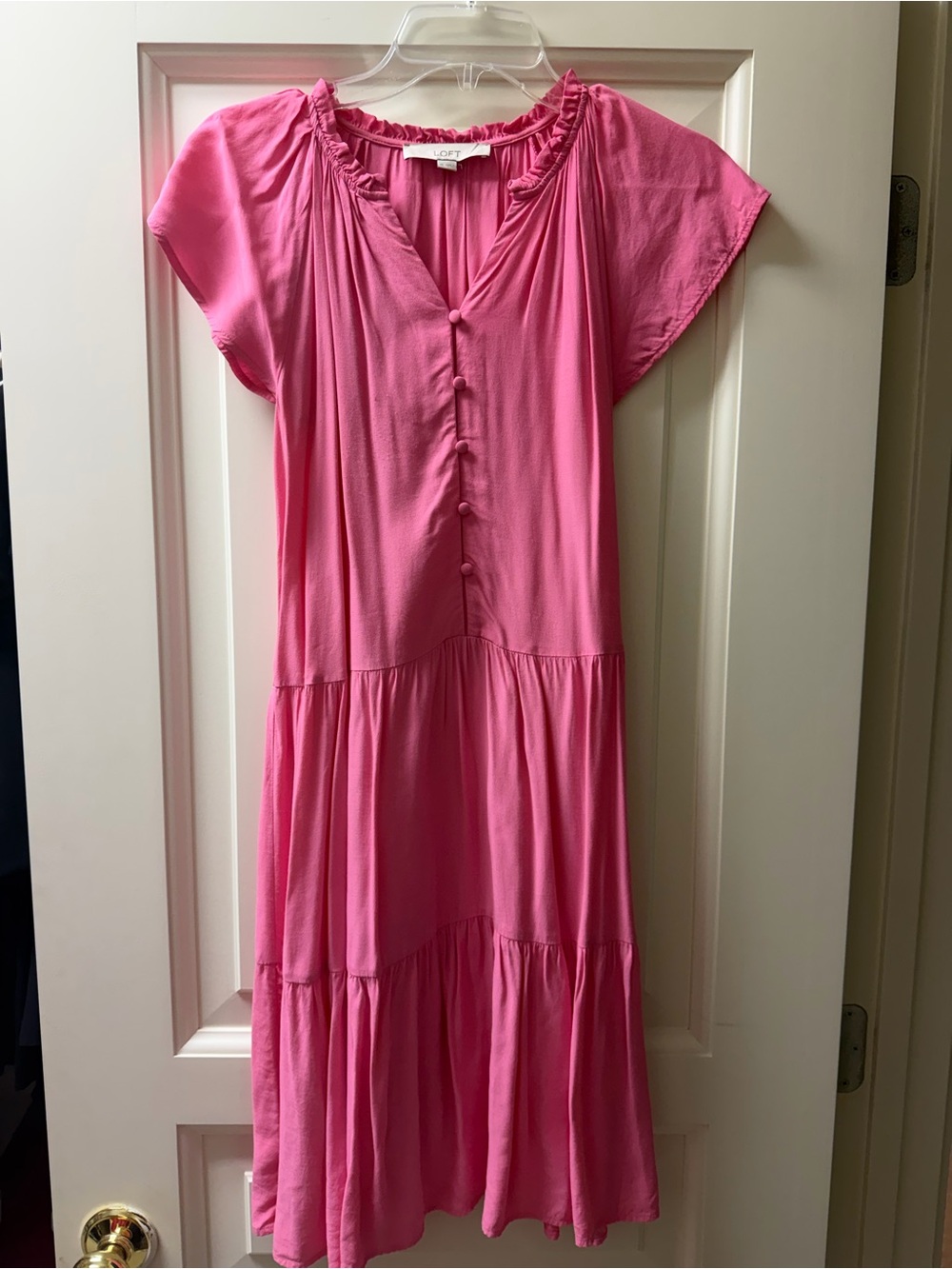 LOFT Pink Tiered Dress Flutter Sleeve Button Front XS